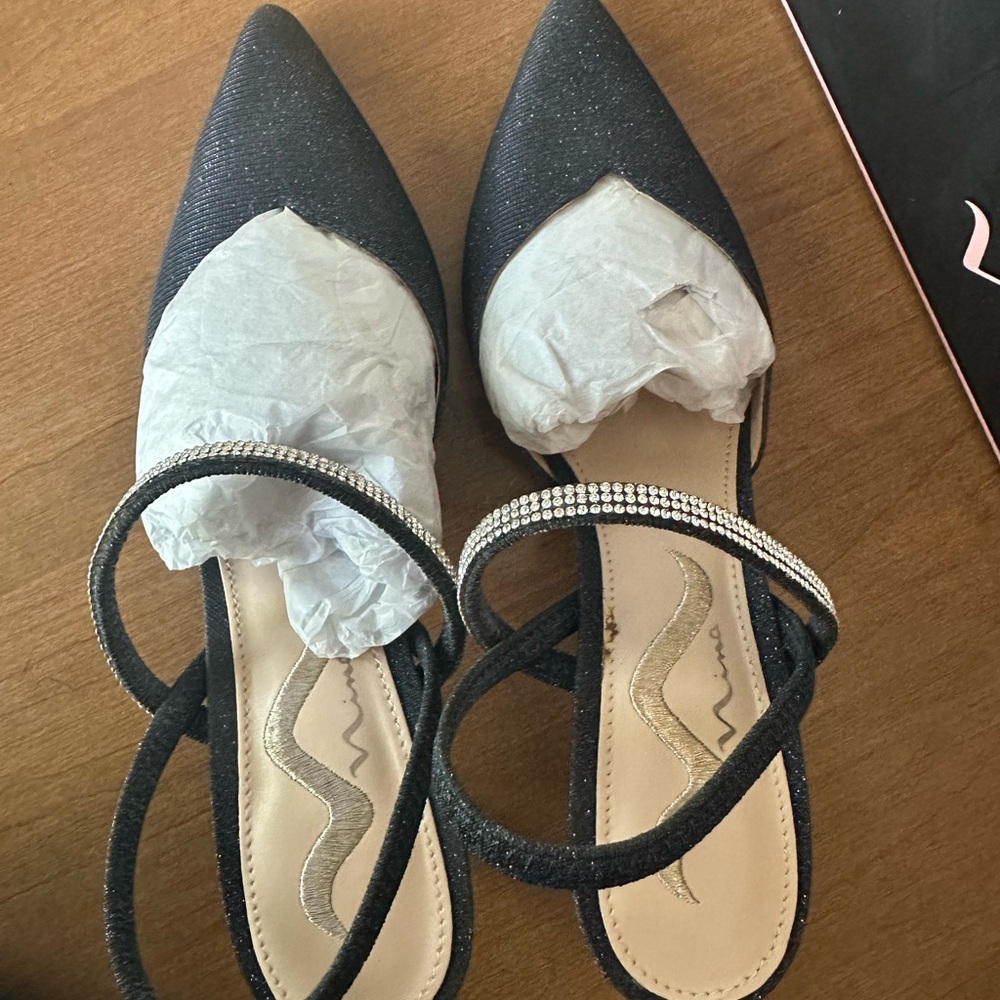 Elegant Nina Metallic Navy Women's Shoes with Rhinestone Strap